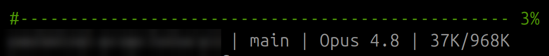 A terminal status line: a dashed rule ending in a green "3%", above a row reading a (redacted) working directory, the branch, the model, and a 37K/968K token count.